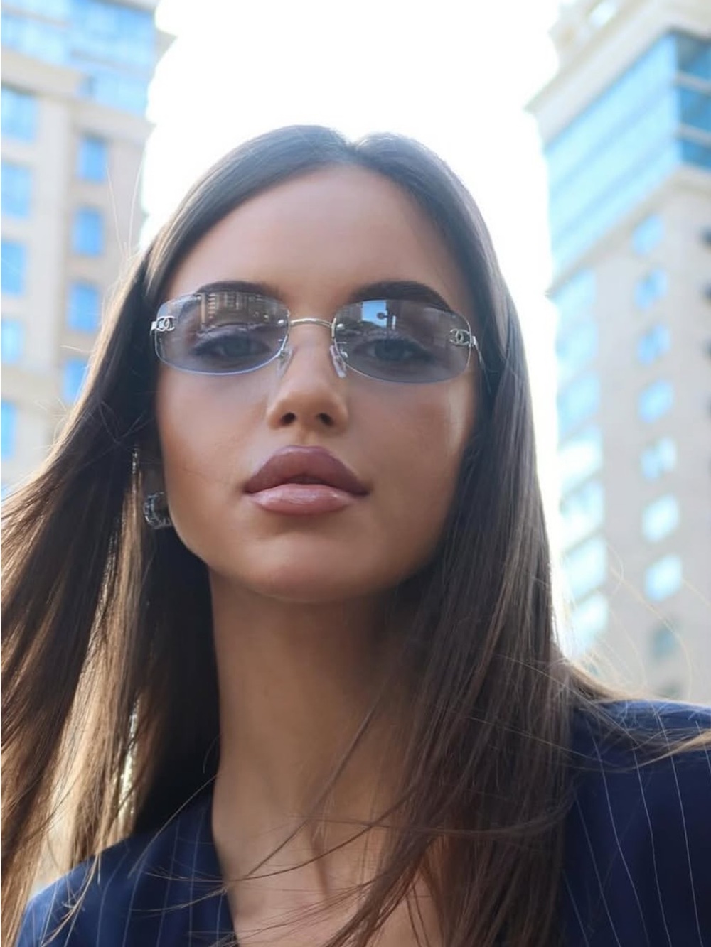CHANEL🩵Rimless Oval Sunglasses - Light Blue Lenses with Silver Accents
